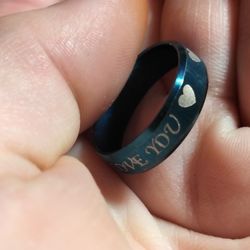 NWT Stainless Steel Blue Band Ring, Size 8, Says I Love You Around It