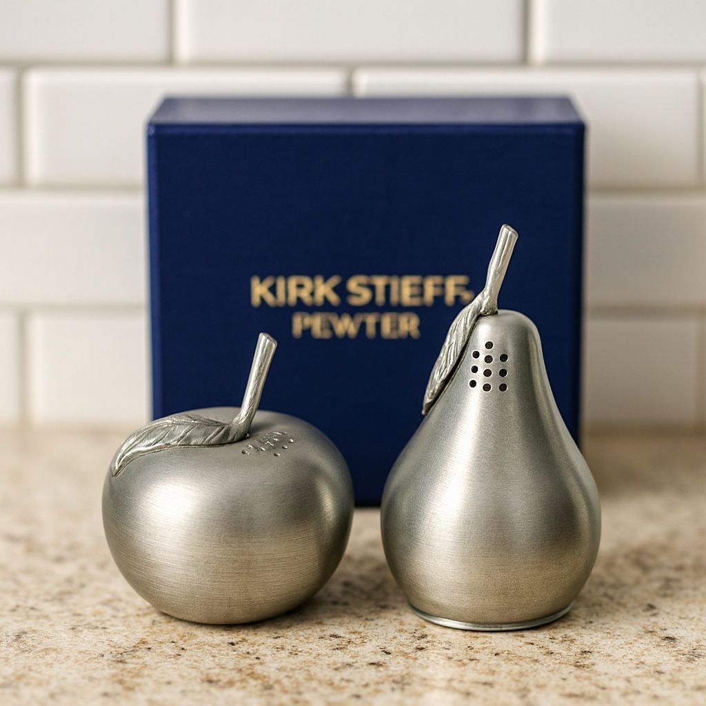 Kirk Stieff 1970s Pewter Apple & Pear Shakers With Box, 2.5 & 3.25”