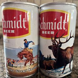 Schmidt Caribou And Cowboy Scene 2 Steel Pull Tab Empty Beer Cans.