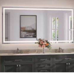 Rectangular frameless bathroom vanity mirror with LED light, 72 inches wide x 36 inches high, with backlighting and anti-fog function.$ 190