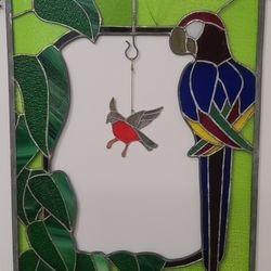 Beautiful Vintage Large Stained Glass Parrot Suncatcher 