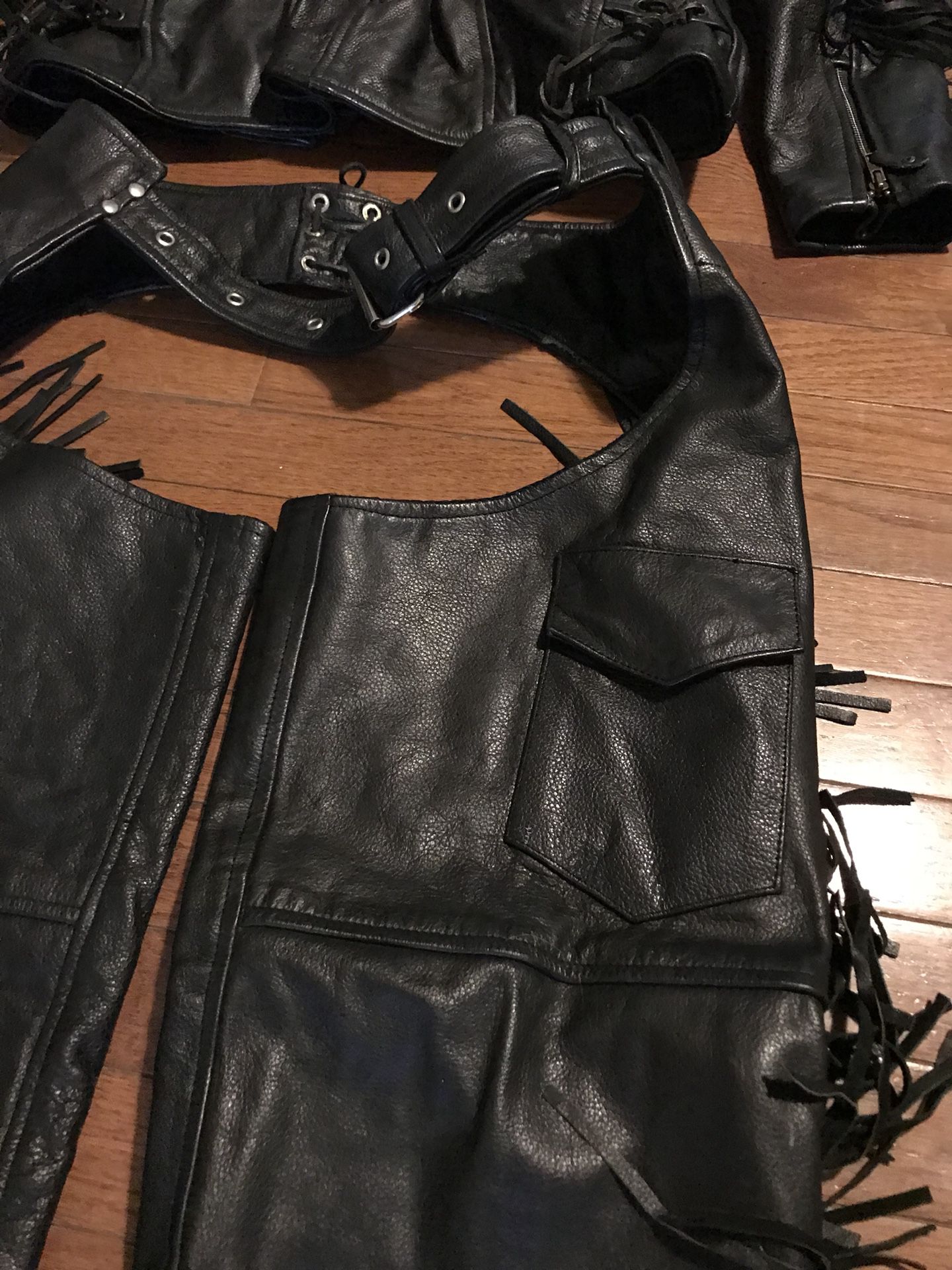 Motorcycle leather jacket chaps and gloves like new