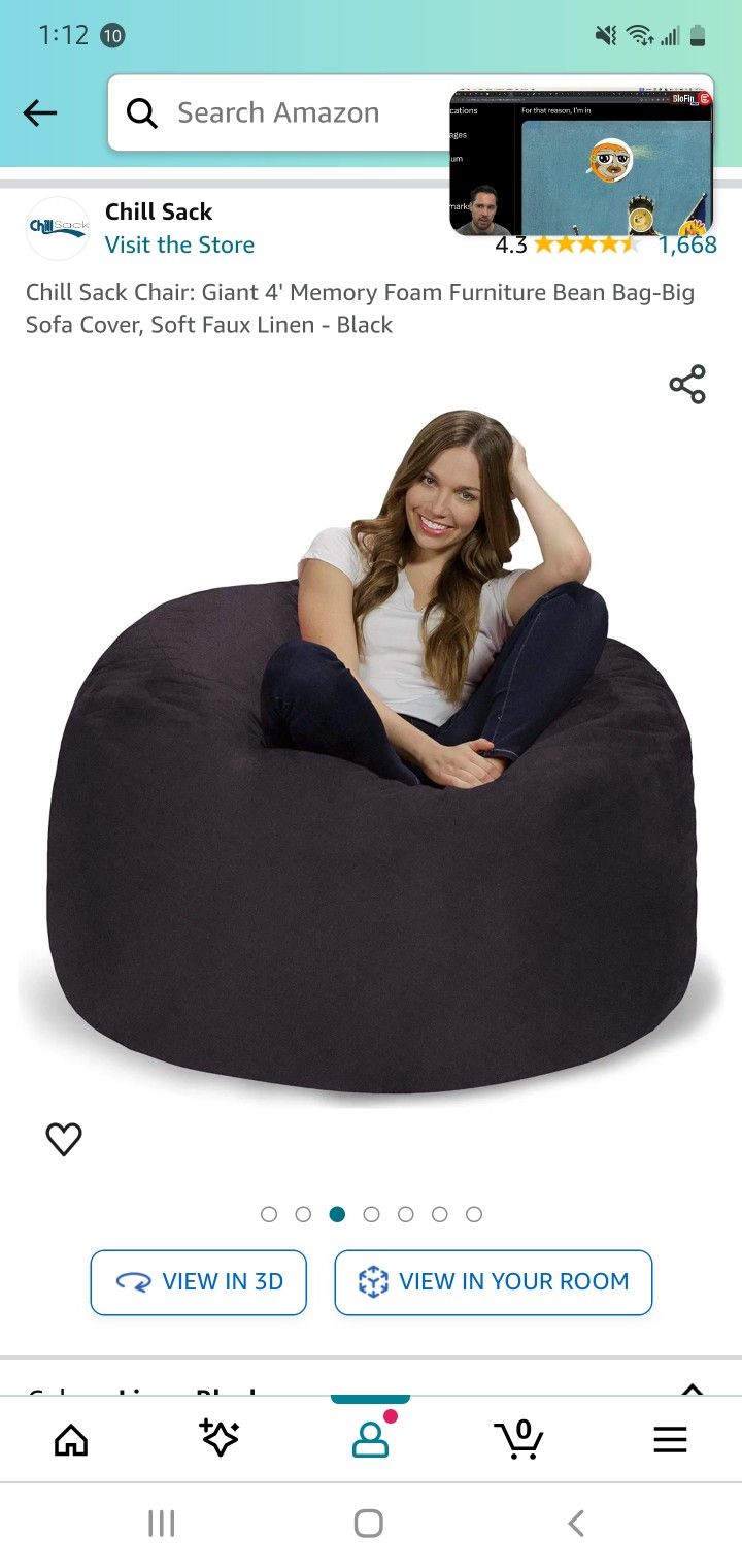 Large 4ft CHILL SACK Memory Foam "Bean Bag" Chair
