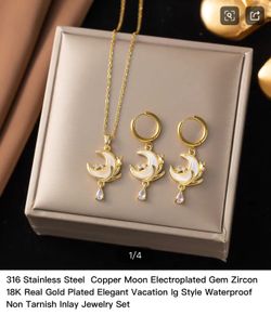 18K Gold Plated Moon Necklace & Earrings Set for Women – 316 Stainless Steel, CZ Zircon, Waterproof & Tarnish Resistant