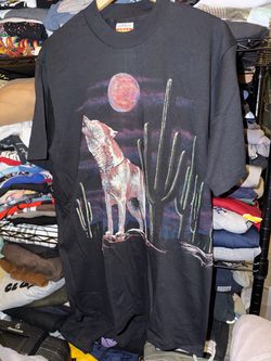 Vintage NWT Hazelwood Shirt Mens XL Black Wolf Desert Moon Wrap Around Graphic Tee