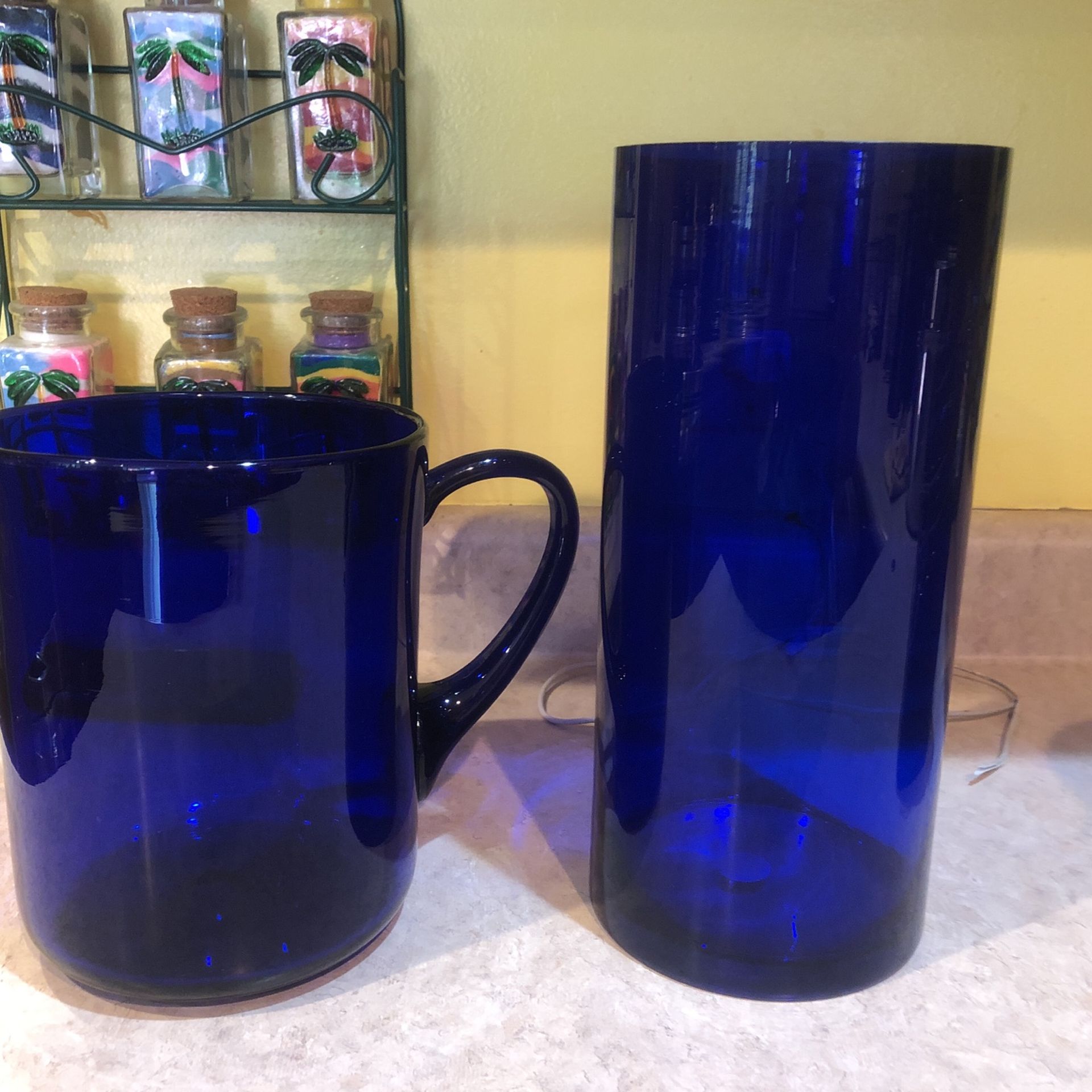 4 BeautifulbCobalt Blue Pieces - 1 Pitcher, 1Vase, 2 Vintage Mason Jars