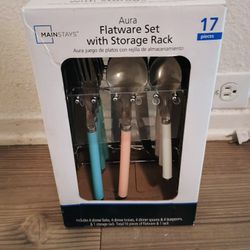 Mainstays 17 Piece Aura Flatware Set with Storage Rack Multicolor