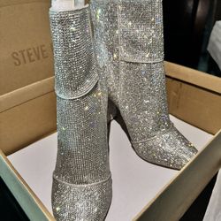 Steve Madden - Women's Tarra Silver Rhinestone Heeled Ankle Boots Size 7.5