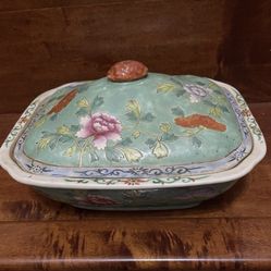 Vtg Antique Chinese Export Porcelain Covered Box Turquoise Peony Floral Jar Marked CHINA