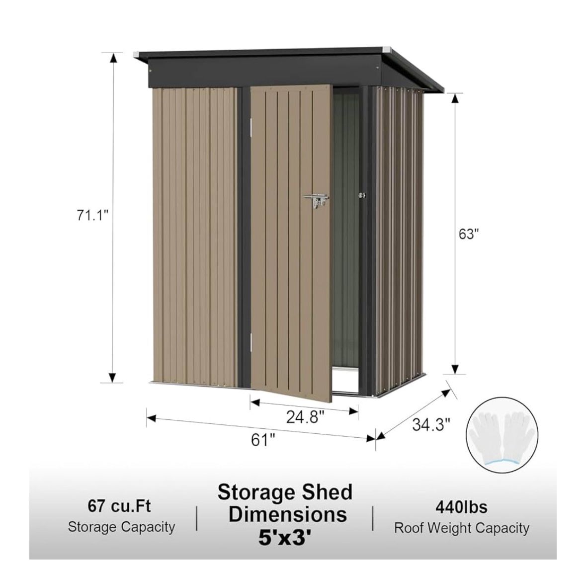 New 5' x 3' Large Metal Storage Shed—-brown