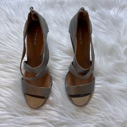 Coach Halsey silver leather strappy open-toed pumps