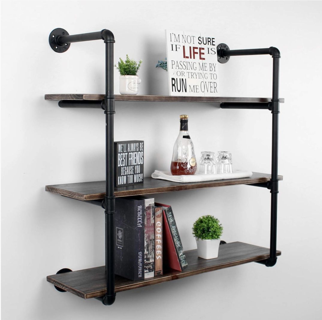 36" Industrial Pipe Bookshelf Wall Mounted,3 Tier Rustic Floating Shelves,Farmhouse Kitchen Bar Shelving,Home Decor Book Shelves,DIY Bookcase,Hanging 