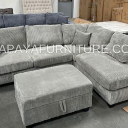 New Modern Light Grey Fabric Sectional Sofa And Chaise Free Storage Ottoman USB Port Designer Style Ashley Big Furniture Sale Contemporary New in box.