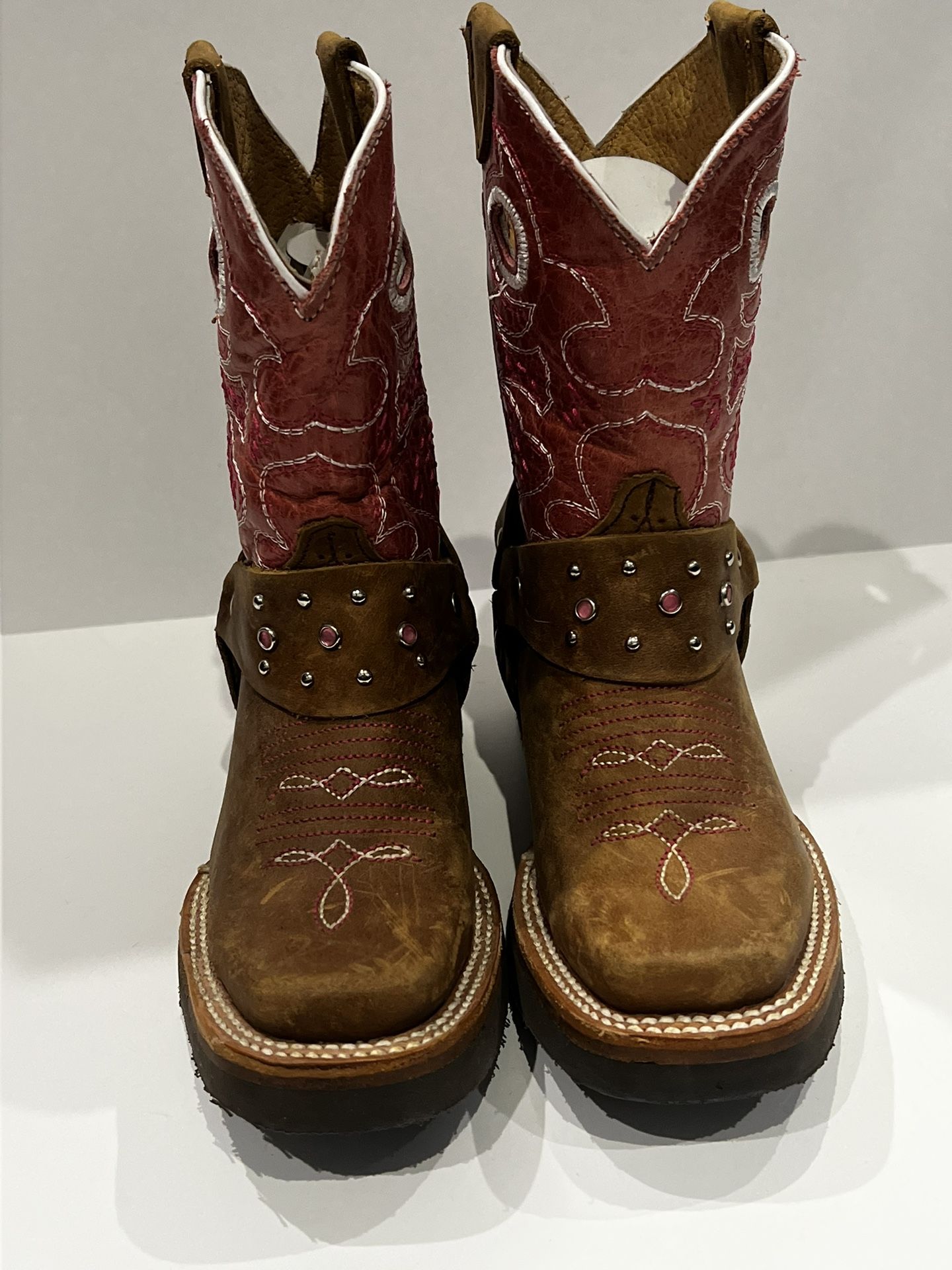Leather Square Toe Cowboy Western Boots Brown and Pink Youth size 11
