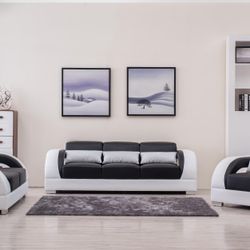 3PC Black/White Leather Living Room Set