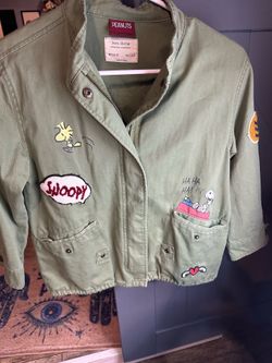 Zara Girls Peanuts Snoopy Green Patch Military Utility Jacket Size 8