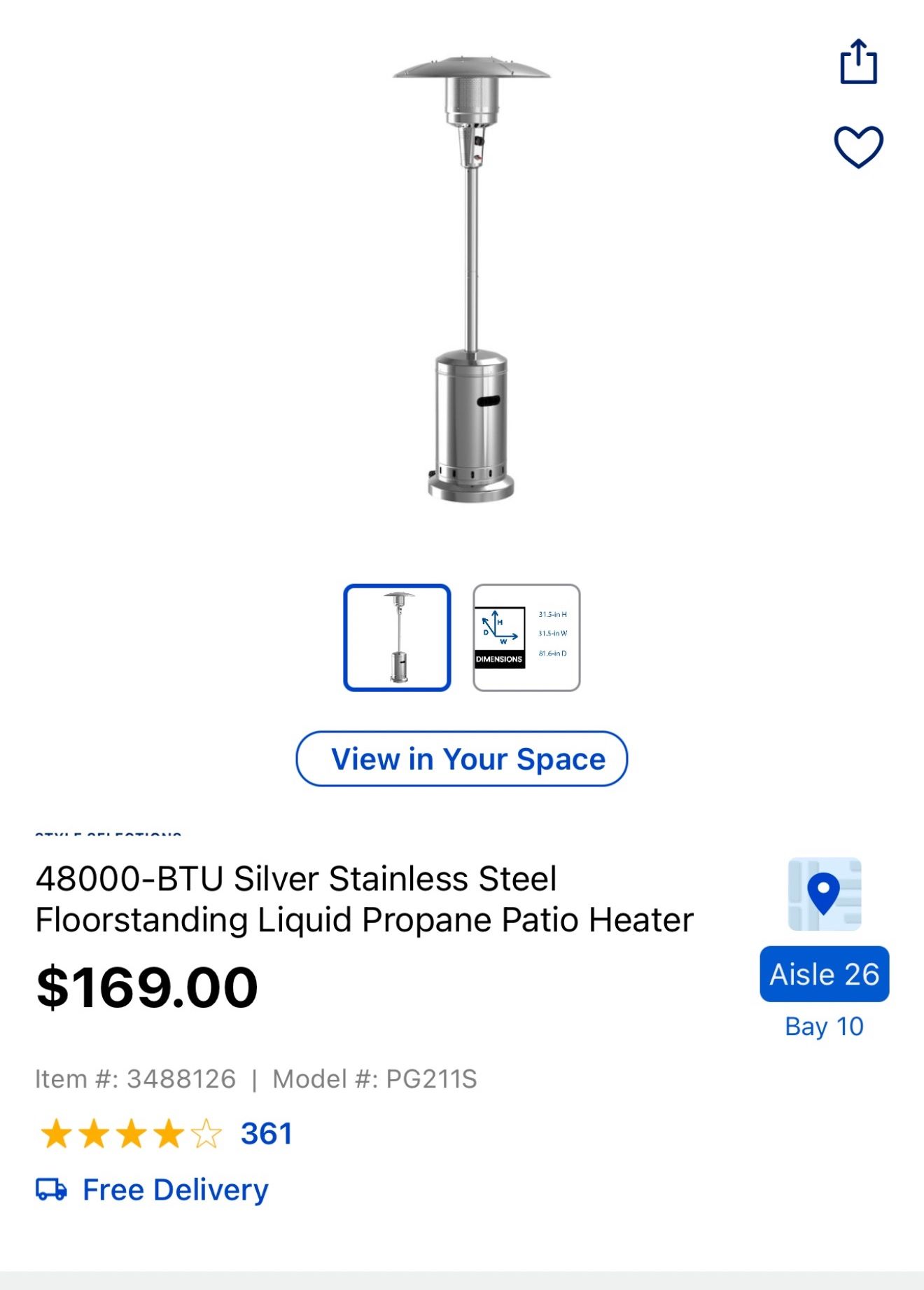 48000-BTU Silver Stainless Steel Floorstanding Liquid Propane Patio Heater Brand Newww