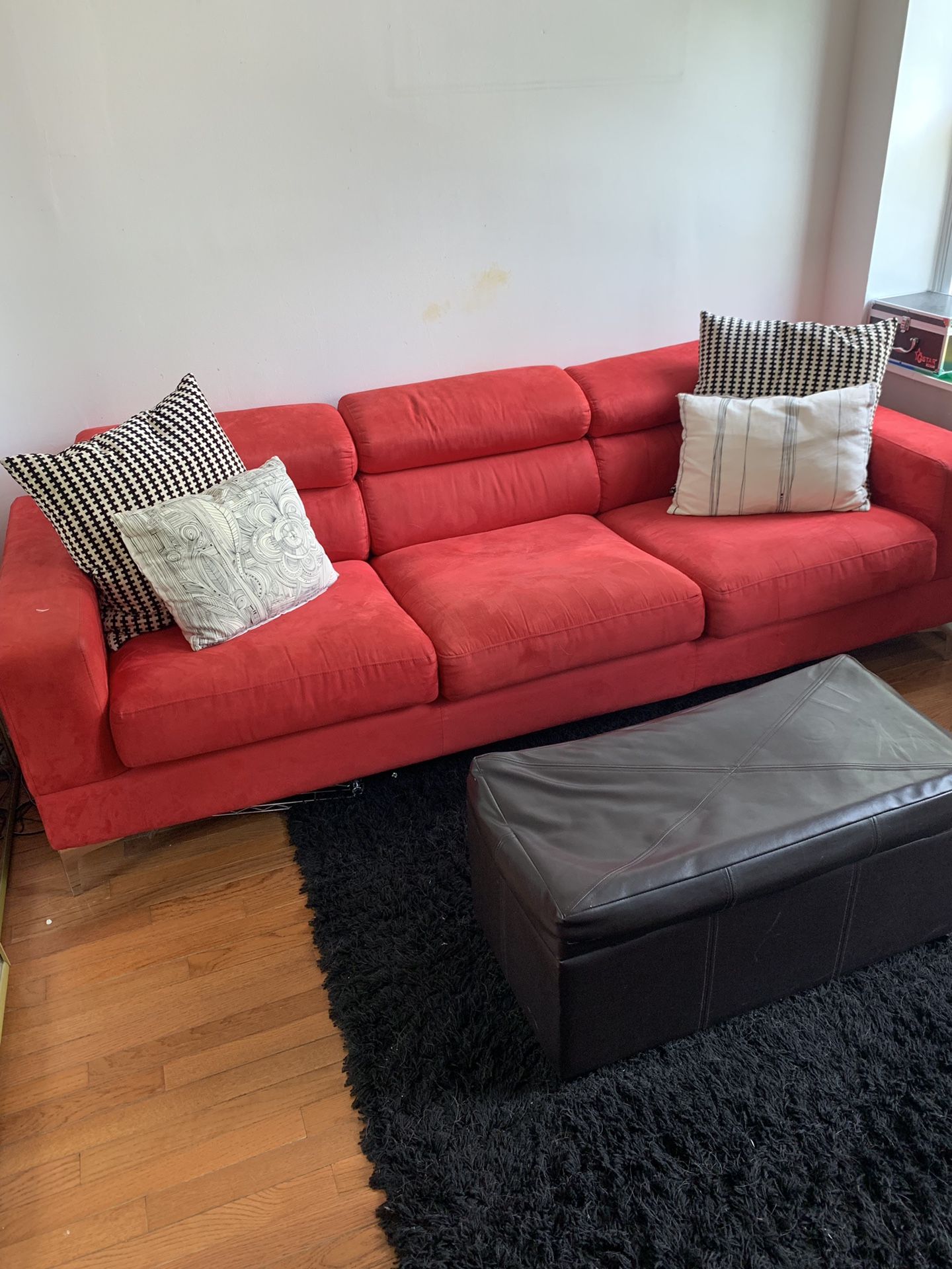 Ashley Furniture Red Couch and Ottoman + Rug