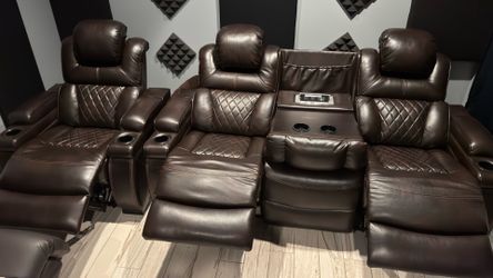 Motorized Leather Theater Recliner Seats – 4 Seats w/ Cupholders & Center Console