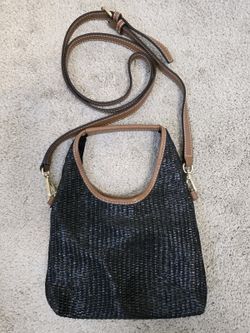 J Jill Black Woven Straw Leather Trim Crossbody Bag Top Handle Adjustable Strap