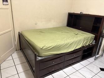 Full Size Wood Bed Frame w/ Storage Drawers & Bookcase Headboard