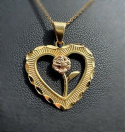 Jewelry 14k solid two tone yellow gold heart rose 🌹 Pendant charm