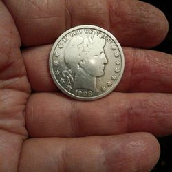 Old , Vintage 1908 Barber Half Dollar Coin, 90% Silver, Looks Great For Its Age!
