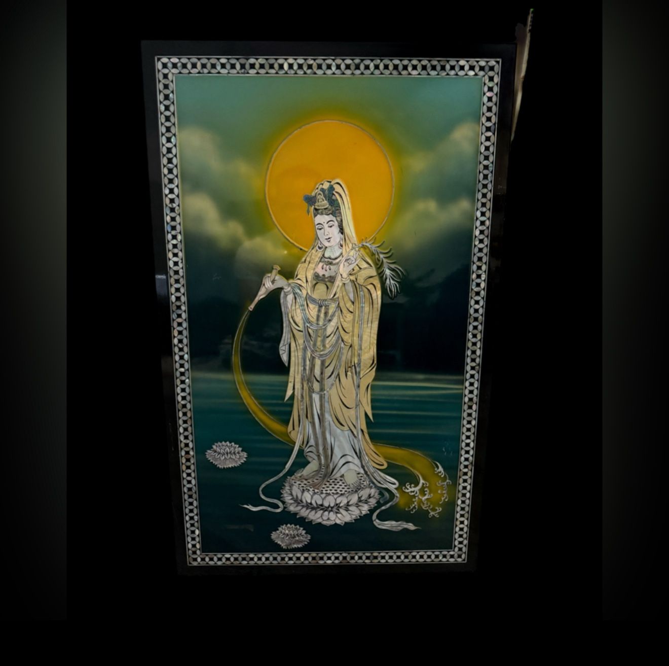 Japanese wall art mother of pearl inlay black lacquer handcrafted 19x31
