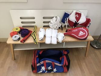 Tae Kwon Do gear. Chest protector, head gear, pads, belts, travel bag, and Gee. Kids size $20obo