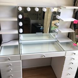Brand New Vanity 13 Drawers White Color Solid Wood! Glass Top Hollywood Mirror Ligh Builbs Included! Bluetooth 4 Music  $989 Piers Sold Separetly $129