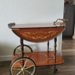 Midcentury Vintage Bar Cart Italian Marquetry Dessert Tea Cart Wood Brass Hardware Trolley
