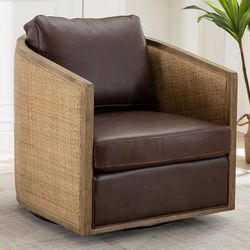 NEW Brown Rattan Leather Swivel Chair, Modern Armchair with Cushion Back
