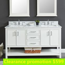 60”white double sink bathroom vanity with carrara white marble stone top