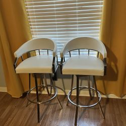 Set Of 2 360 Swivel White Leather High Bar Stools 