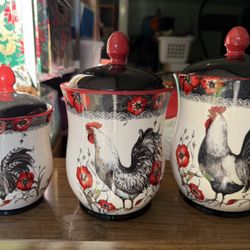 Set Of Three Cracker Barrel Rooster, Farmhouse, Canister, Kitchen Decor Set