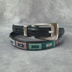 Brighton Black Leather Beaded Southwestern Belt Silver Tone Buckle M/L 32