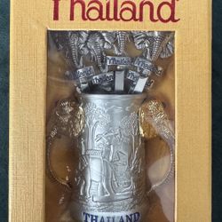 Vintage Thailand Pewter Elephant Appetizer Set - Holder & 5 Forks