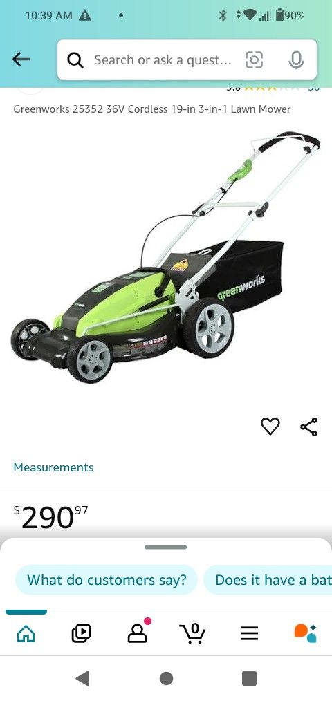 Greenworks 25352 36V Cordless 19-in 3-in-1 Lawn Mower