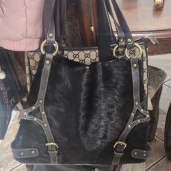 Aqua Madona Brown Leather Calf Hair Purse