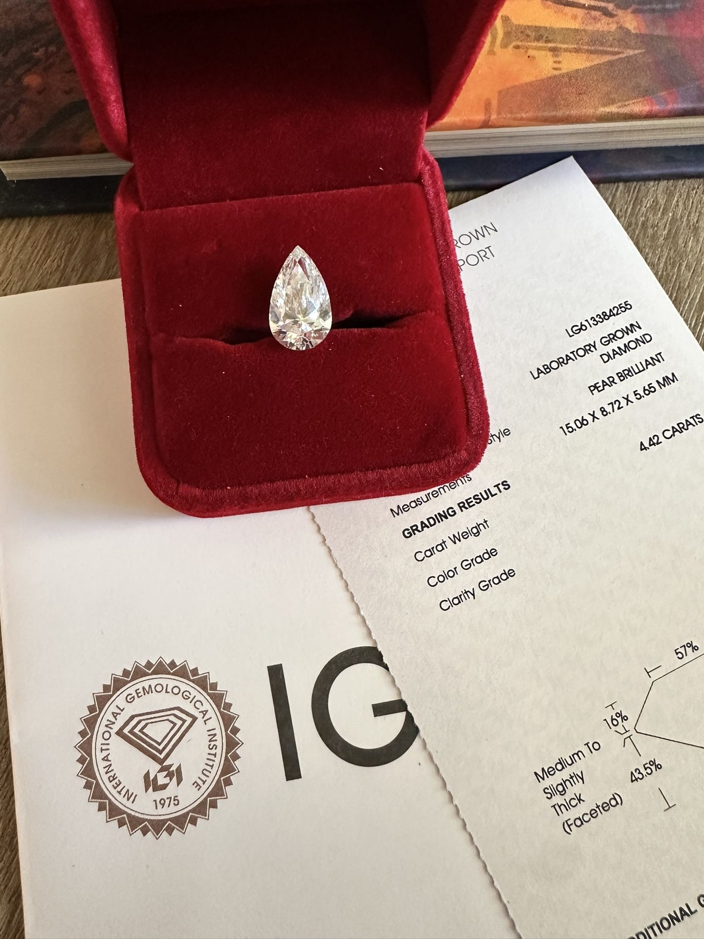 NEW 4.42K Pear Brilliant IGI Certified Loose Diamond
