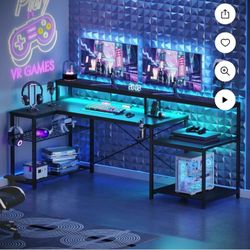 Bestier 71.5 inch Computer Desk with Power Outlets, L Shaped LED Home Office