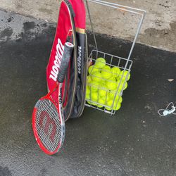 Wilson tennis racket, racket bag, and ball collector+balls