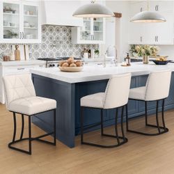 LUE BONA 24" Bar Stools Set of 3, Modern Counter Height Stools with 5.5" Thick Cushion and Nailhead, Upholstered Leather Barstools for Kitchen Island,
