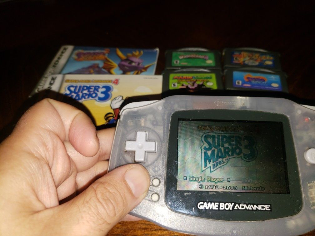 Original Nintendo Gameboy Advance Bundle AGB 001 Glacier Purple Clear Mario And Luigi Superstar Saga Wario Land 4 Super Mario Bros 3 Spyro Fortress