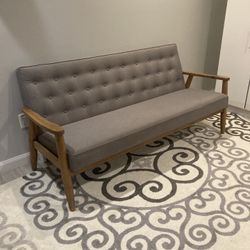 Beautiful Mid Century Modern 72” Long Sofa Settee In A Gray Heathered Chambray