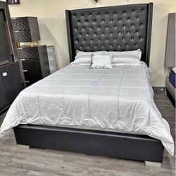 BLACK LEATHER BED - TALL HEADBOARD