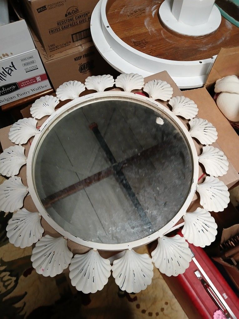 White Metal Mirror With Shell Trim