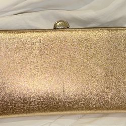 Vintage Gold Metallic Evening Clutch + Rhinestone Chain & Crystal Crown Earrings