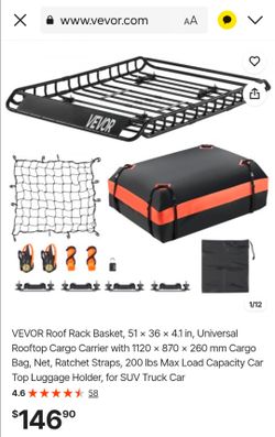 VEVOR Roof Rack Basket, 51 x 36 x 4.1 in, Universal Rooftop Cargo Carrier with 1120 x 870 x 260 mm Cargo Bag, Net, Ratchet Straps, 200 lbs Max Load Ca