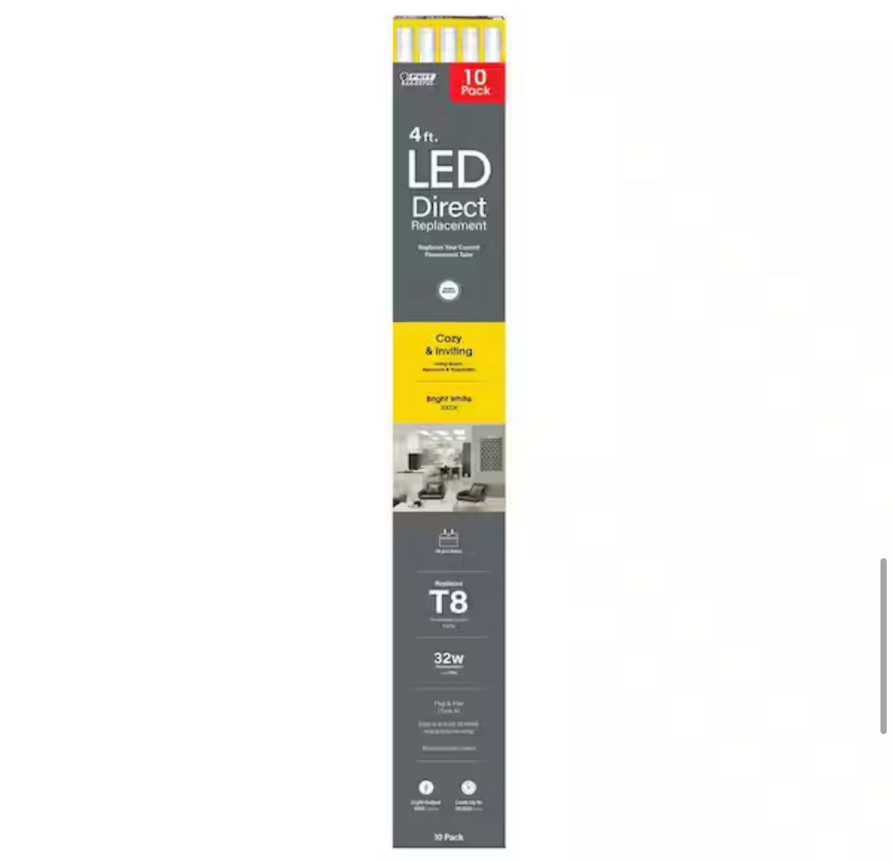 Feit Electric 32-Watt Equivalent 4 ft. T8 G13 Type A Plug and Play Linear LED Tube Light Bulb, Bright White 3000K (10- Pack)